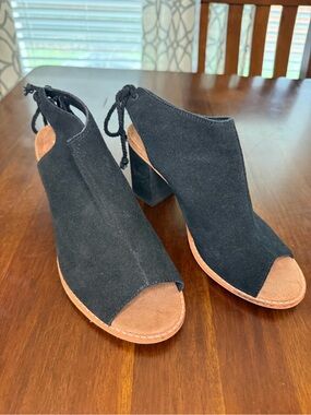 Toms Black Suede Open-Toe Block Heel Mules with Tan Accents